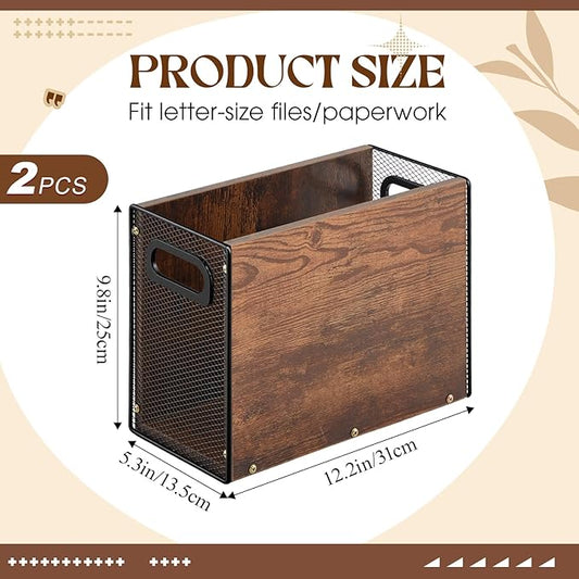 2 Packs Hanging File Folder Organizer Filing Box with Handles for Letter Size Folders Vintage File Organizer Holder for Desk Space-Saving Storage Bin for Office/Home, 12.2" x 5.3" x 9.8"