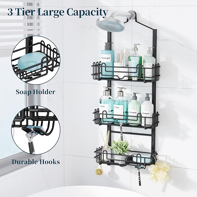 Consumest Shower Caddy Hanging – Rustproof Over Shower Head Hanger with Soap Holder and Hooks, Anti-Slip Shower Shelves for Storage, Bathroom Organizer for Apartment, Dorm, Black