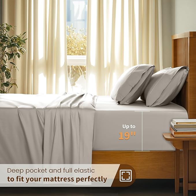 LBRO2M 100% Cotton Sheets Set Deep Pocket 19", 1000 Thread Count Queen Size 4 Piece Bed Sheet Sets Soft Comfortable Bedding All Season (Queen, Taupe) LBRO2MBedding