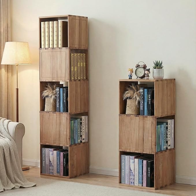 Solid Wood Corner Shelf, Square Bookcase Cube Tower, Stationary Shelves - Sturdy Freestanding Organizer for Beside TV Stand&Room Corners, Storage Display for Small Spaces, Rustic Brown, 3-Tier