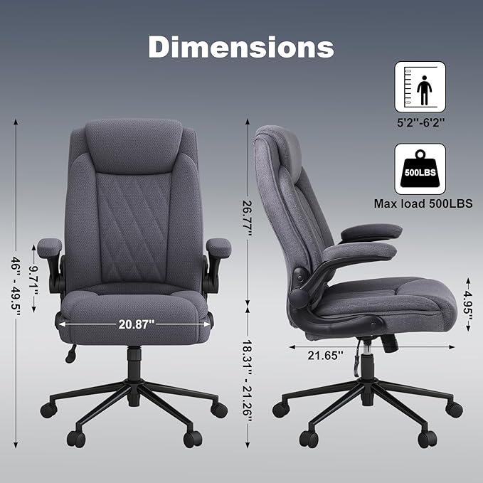 ralex-chair 2 Pack Big and Tall Office Chair -500 lb Heavy Duty Office Chair for Big Man, Fabric High Back Executive Office Desk Chair with 120° Tilt Rock,Computer Desk Chair with flip up arm - Grey