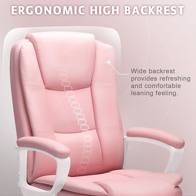 LEMBERI Office Desk Chair, High Back Executive Computer Chair, Ergonomic Big and Tall Adjustable PU Leather Chairs with Padded Armrest for Long Time Sitting, Pink