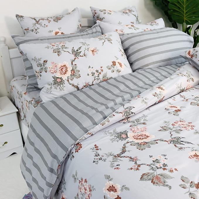 FADFAY Duvet Cover Set Twin XL Elegant Floral College Bedding Shabby Grey Bird Print Flower Quilt Cover Set 100% Cotton Soft Comforter Cover Set with Zipper Closure 3Pcs, Twin XL Size for Dorm Room