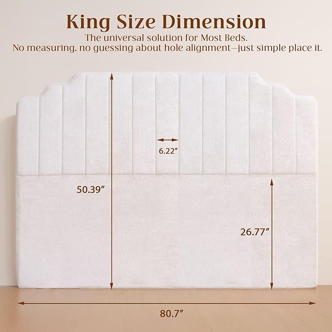 King Headboard Only - Beige Velvet Upholstered Headboard for Bed, No Assembly Required, Pure Sponge Design, Place Between Bed & Wall, Vertical Stripe with Stepped Crown Top Edge