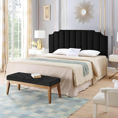 24KF Black Velvet Tufted King Upholstered Headboard, Modern Vertical Channel Design California King Headboard with Stepped Silhouette Top Edge,Black