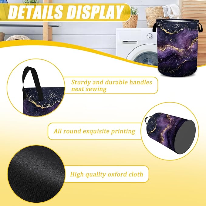 Purple Gold Marble Laundry Basket,Foldable Oxford Cloth Funny Tote Bag Laundry Hamper Clothes Storage Bucket Toy Organizer For Bathroom Laundry Storage Bedroom 18.9x16.5
