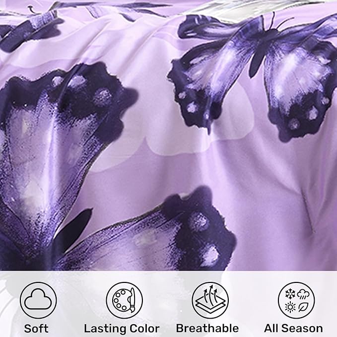 ARTALL Bed in A Bag Twin Size 5 Pieces, Purple Big Butterfly Bedding Comforter Set All Season Bed Set with Comforter, Pillow Sham, Flat Sheet, Fitted Sheet, Pillowcase