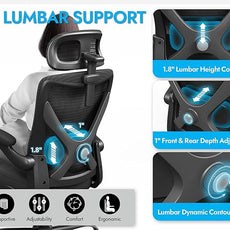 Ergonomic Office Chair - Mesh Desk Chair with Adjustable Lumbar Support High Back Computer Gaming Chairs - Big and Tall Office Chairs Adults, Comfortable for Long Hours, Black