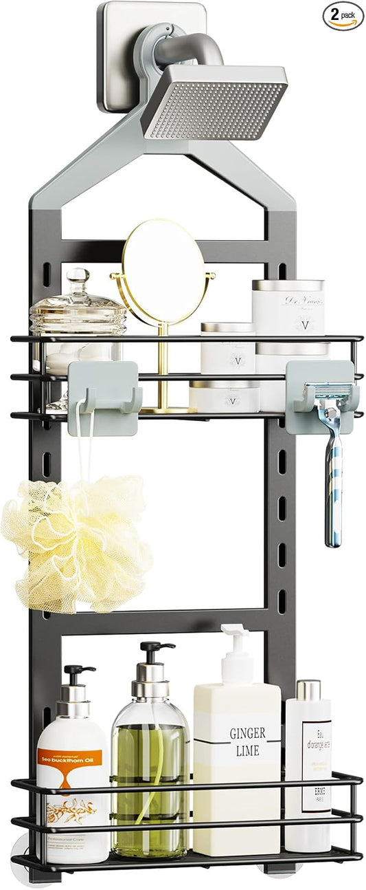 Orimade Adjustable Anti-slip Shower Caddy over Shower Head, Rustproof Bathroom Hanging Shower Organizer with 2 Hooks for Razor, No Drilling Shelves Storage Rack 2 Tier, Grey