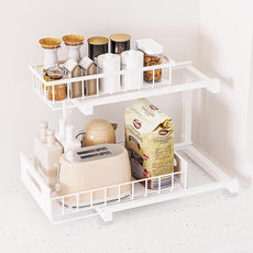 2 Pack Under Sink Organizer, Heavy Duty Metal Slide Out Sink Shelf Organizer Height Adjustable, Multi-Purpose Storage Shelf for Kitchen Bathroom (White,2Pack)