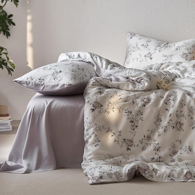 mixinni Elegant Floral Duvet Cover Set Full Size 3 Piece Soft Comfy Naturally Lyocell Vintage Style Purple Flower Leaves Bedding Set 1 Duvet Cover with 2 Pillowcases, Ultra-Breathable-Full Size