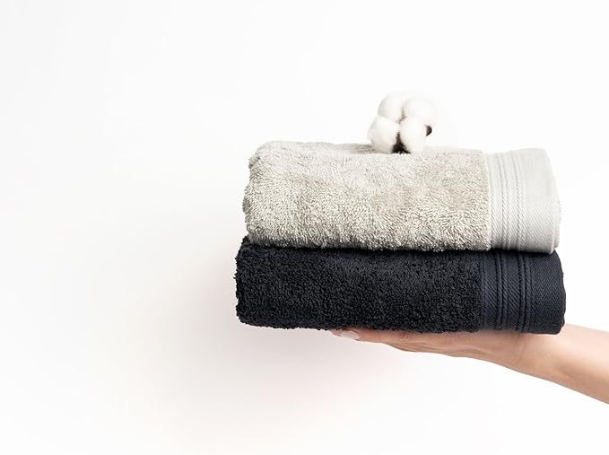 Premium 8 Pieces Towel Set Including 2 Bath Towels 30" x 56", 2 Hand Towels 18" x 30" and 4 Washcloths 13" x 13" - Color: Black & Silver | Pure Cotton |Machine Washable high Absorbency