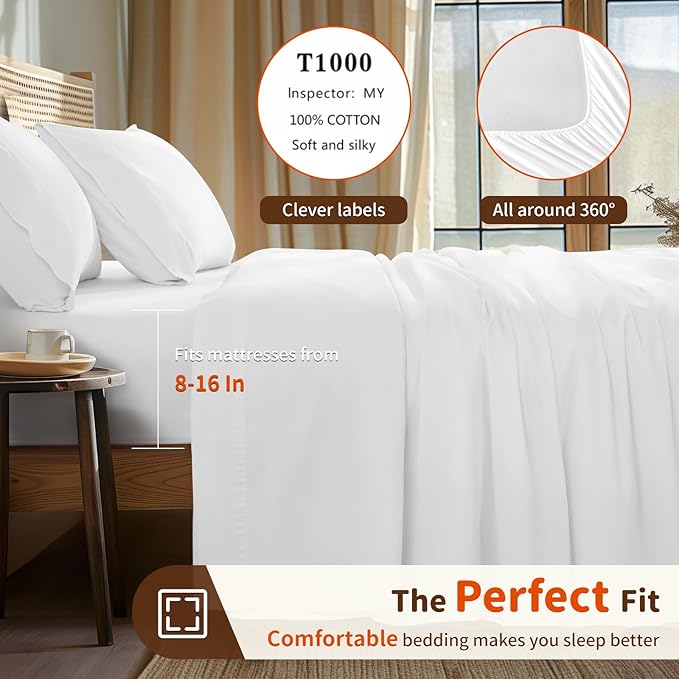LBRO2M 1000 Thread Count 100% Cotton Sheets Set,California King Size Bed Sheet 4 Piece Sets,Long Staple,16 Inches Deep Pocket,All Season,Bedding Super Soft Comforterble Breathable,Sateen(White)