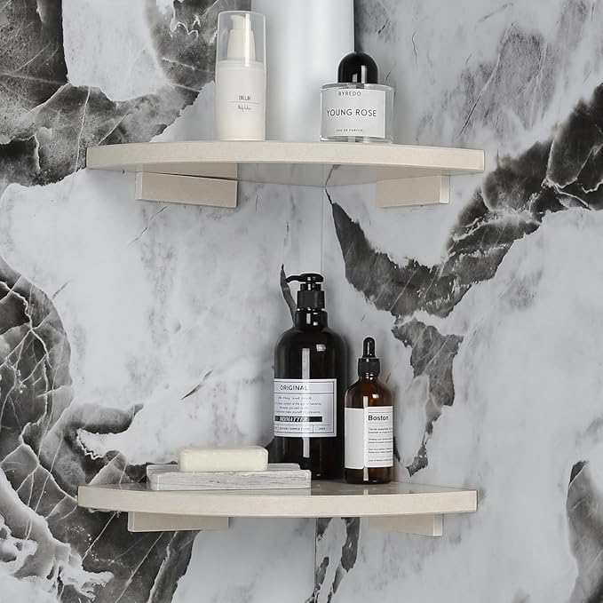 Koville Italian Marble Corner Shower Shelf for Bathroom, 10'' Marble Corner Shelves for Bath, Wall Mounted Stone Shower Caddy, No Drilling Adhesive Shower Shelf - Sahara Sand (2-Layer)