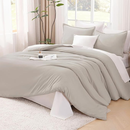 Litanika Comforter Set, Lightweight Solid Bedding Comforter Set, Fluffy Down Alternative Bed Set, Deep Linen, Oversized Queen
