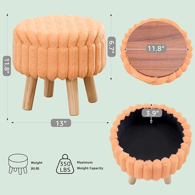 Wimarsbon Storage Ottoman,Soft Faux Fur Footstool with Padded Seat, Small Reading Vanity Chair, Footrest with Wood Tray for Couch, Mini Coffee Table or Display Stand (Orange, Round Storage)