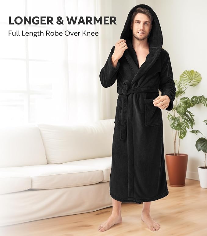 DAVID ARCHY Men's Hooded Robe Soft Coral Fleece Microfiber Bathrobe