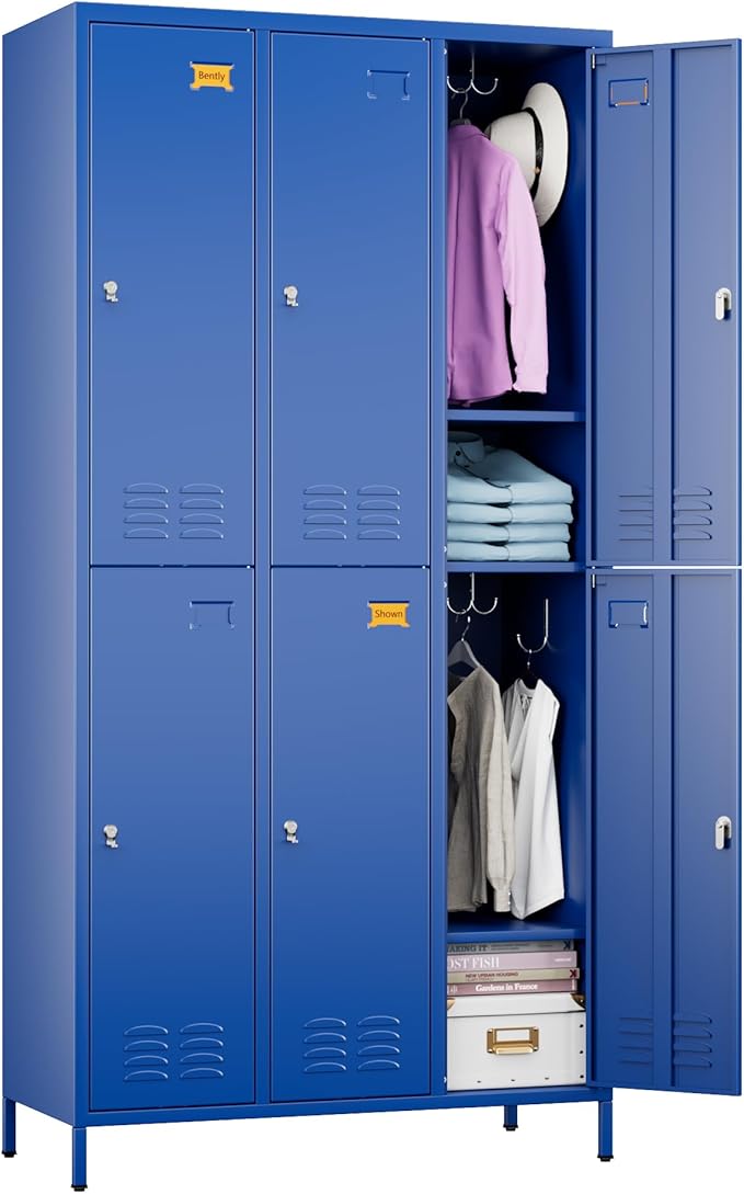 Aobabo Metal Locker for Employees, 6 Doors Metal Locker Cabinet with Lock, Industrial Storage with 18 Hooks, Storage for Office, Gym, Dormitory, Assembly Required, Blue