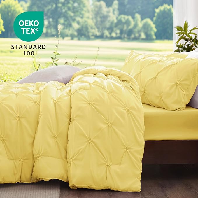 BEDELITE Light Yellow Queen Comforter Set - 3 Pieces Boho Pintuck Bedding Comforter Sets, Lightweight Soft & Warm Bed Comforter Queen with 2 Pillowcases for All Season