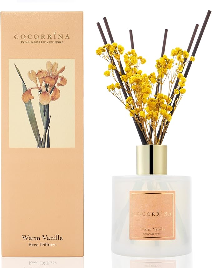 Cocorrína Reed Diffuser - Warm Vanilla Scented Diffuser with 8 Sticks Home Fragrance Reed Diffuser for Bathroom Shelf Decor