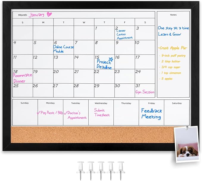 4-in-1 Dry Erase Calendar for Wall with Black Wooden Frame, 17x13 inches Magnetic Monthly & Weekly Planner Whiteboard, Cork Board Combo, Hanging White Board for Decor/Memo(4H1-BK Wood,4333)