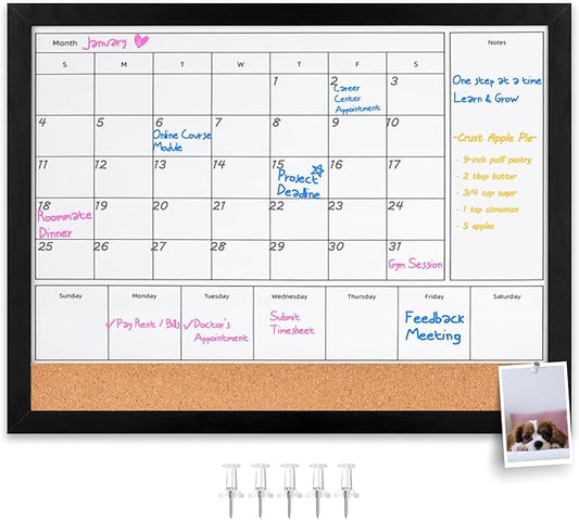 4-in-1 Dry Erase Calendar for Wall with Black Wooden Frame, 17x13 inches Magnetic Monthly & Weekly Planner Whiteboard, Cork Board Combo, Hanging White Board for Decor/Memo(4H1-BK Wood,4333)