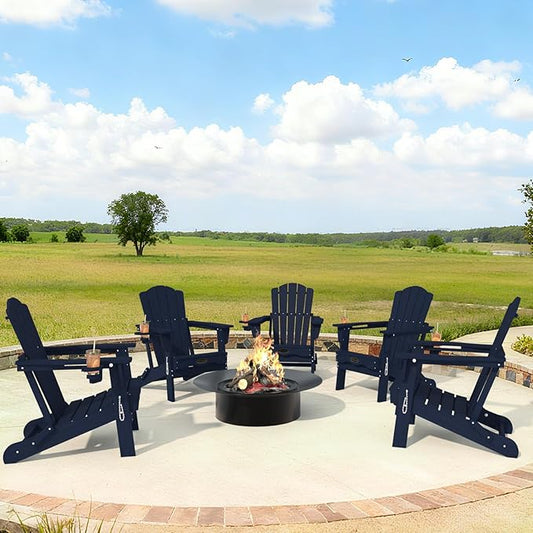 Adirondack Chair Set of 4, Folding All-Weather Outdoor HDPE Patio Chair with Cup Holder, Navy Blue