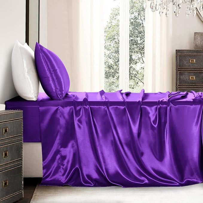 Satin Bed Linen Set, 3Pcs Luxury Silky Soft Twin XL Sheets with Deep Pocket Fitted Sheet, Wrinkle-Free, Dark Purple