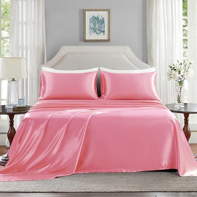Satin Sheets California King Size - 4 Pieces Luxury Silky Soft Bed Sheets, Wrinkle-Free Pink Satin Silk Sheet Set with 1 Deep Pocket Fitted Sheet, 1 Flat Sheet, 2 Pillow Cases