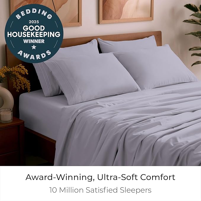 Mellanni Split King Sheet Set - 7-Piece Iconic Collection Bedding, (Including 4 Pillowcases), 16-Inch Deep Pocket, Easy Care, Extra Soft, Cooling Sheets, Brushed Microfiber - Lavender