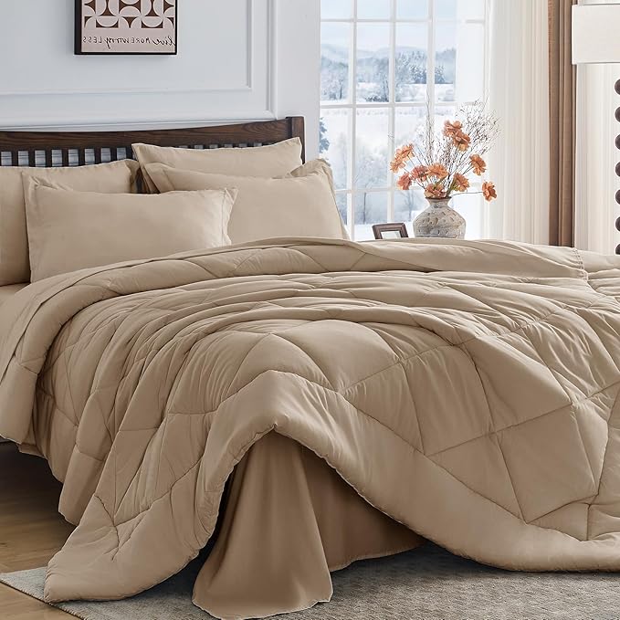HEVUMYI Khaki Cali-King Comforter Set - 7-Piece All Season Bed in a Bag Cali-King, Ultra Soft Bedding Set with Comforter, Flat Sheet, Fitted Sheet, Pillowcases, Pillow Shams