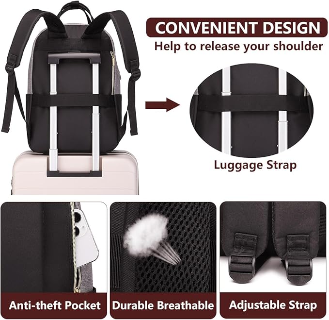 Laptop Backpack for Women/Men, Fits 15.6 Inch Laptop Bag, Fashion Travel Work Anti-theft Bag, Business Computer Waterproof Backpack Purse, Grey Black