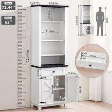 72in Tall Bookshelf 7 Tier Bookcase with Drawer and Barn Doors and Adjustable Shelves, White Farmhouse Book Shelf with Storage Cabinet, Wood Freestanding Display Bookshelves for Living Room