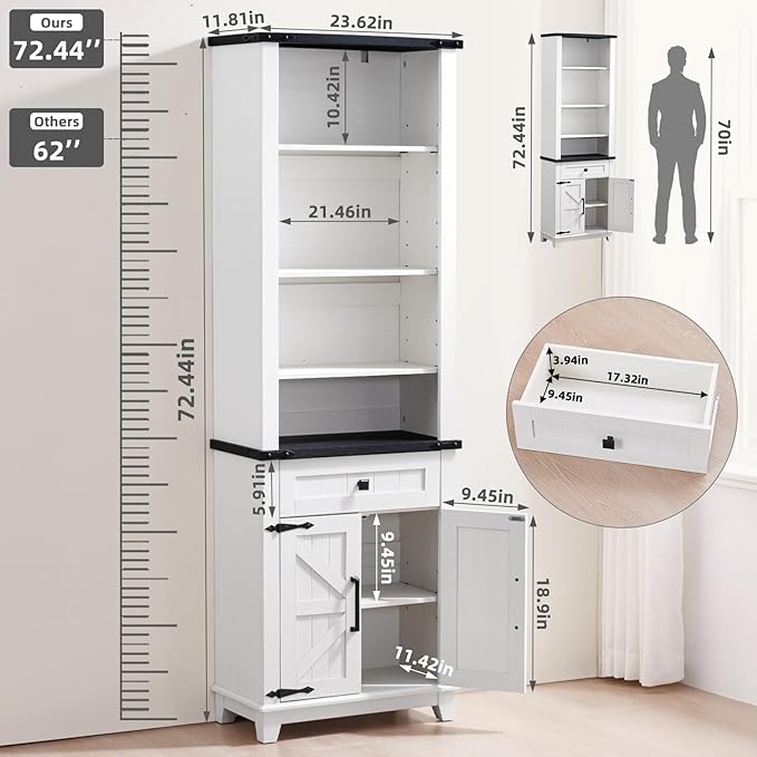 72in Tall Bookshelf 7 Tier Bookcase with Drawer and Barn Doors and Adjustable Shelves, White Farmhouse Book Shelf with Storage Cabinet, Wood Freestanding Display Bookshelves for Living Room
