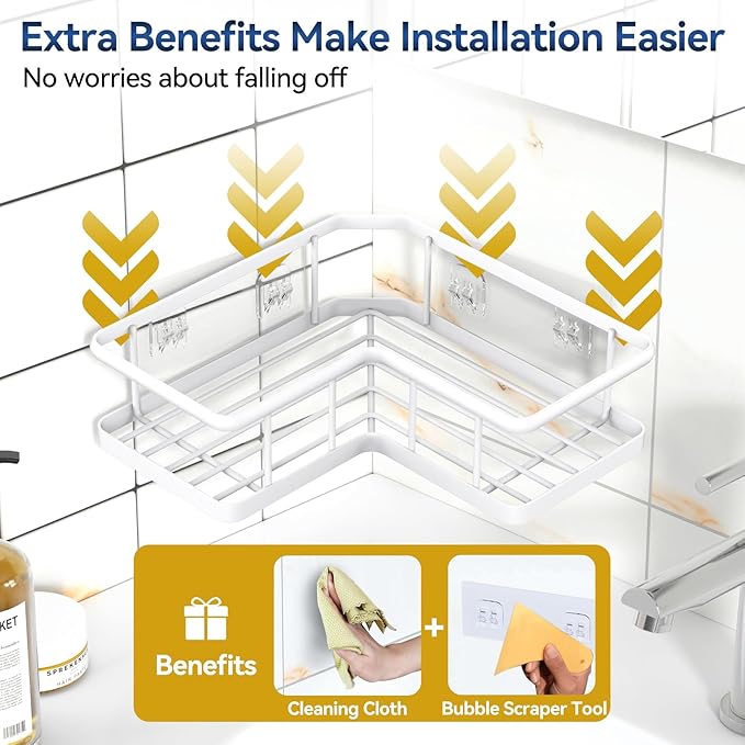 YASONIC Shower Caddy Corner, 3-Pack Adhesive Rustproof Stainless Steel Shower Shelves with Soap Holder, No Drilling Shower Organizer Corner for Dorm, Renters Bathroom, White