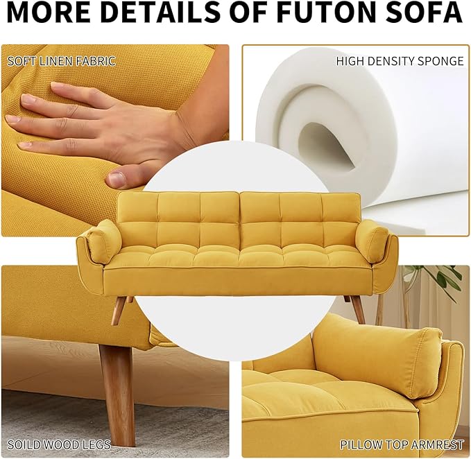 Convertible Futon Sofa Bed, Linen Sleeper Couch, 75" W Modern 3 Seater Tufted Sofa with Adjustable Backrests and Solid Wood Legs for Small Spaces, Living Room, Bedroom, Golden Yellow
