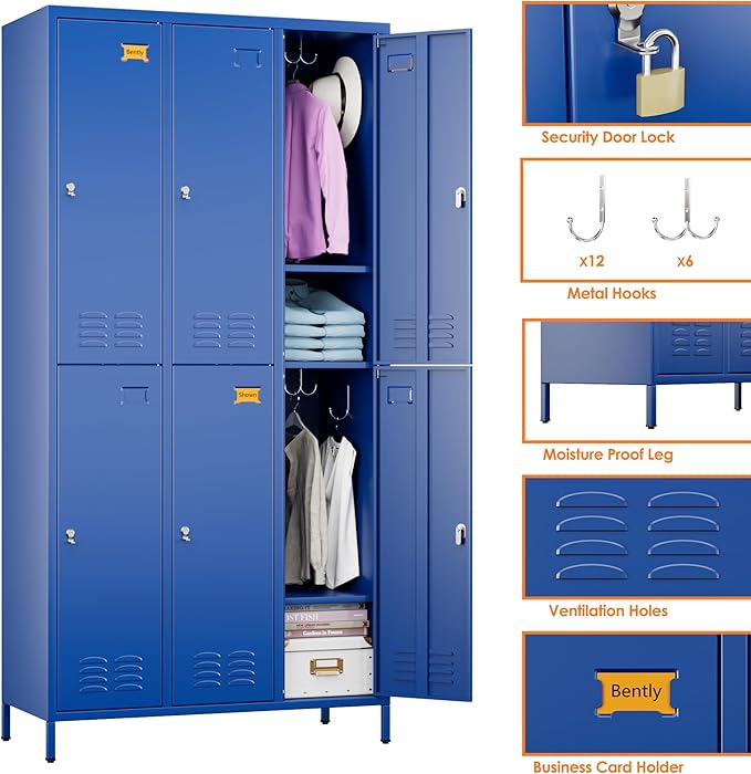 Aobabo Metal Locker for Employees, 6 Doors Metal Locker Cabinet with Lock, Industrial Storage with 18 Hooks, Storage for Office, Gym, Dormitory, Assembly Required, Blue