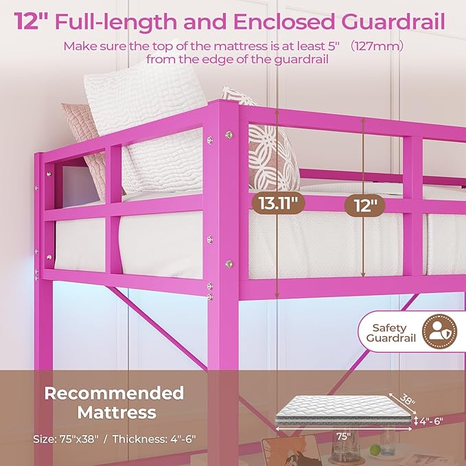 DICTAC Loft Bed Twin Size with Ladder and Guardrail,Metal Twin Loft Bed with Led Lights,Pink Loft Bed for Girls,Small Space Saving Design for Bedroom,Kid Room and Dorm,No Box Spring Needed, Pink