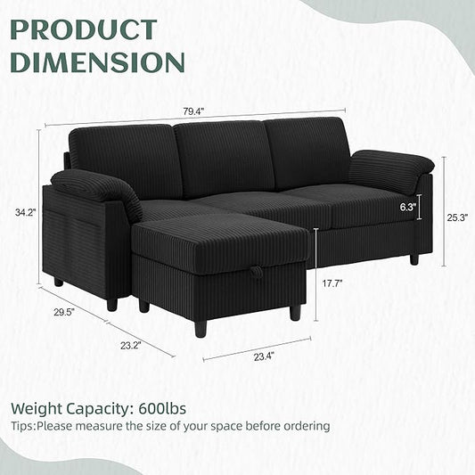 Vongrasig Convertible Sectional Couches, 3 Seat L Shaped Couch Sofa with Removable Pillows Soft Corduroy Fabric Small Couch Mid Century for Living Room, Apartment and Office Black