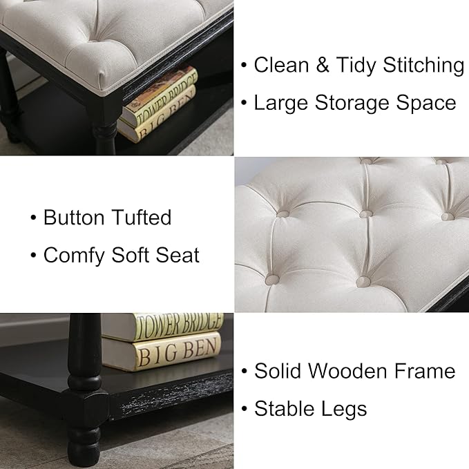 Chairus Storage Bench 45.5 "W Extra-Long Button Tufted Entryway Bench with Wood Shoes Rack End of Bed Bench with Fabric Linen Upholstered Rectangular Seat for Bedroom Hallway Living Room Window, Beige