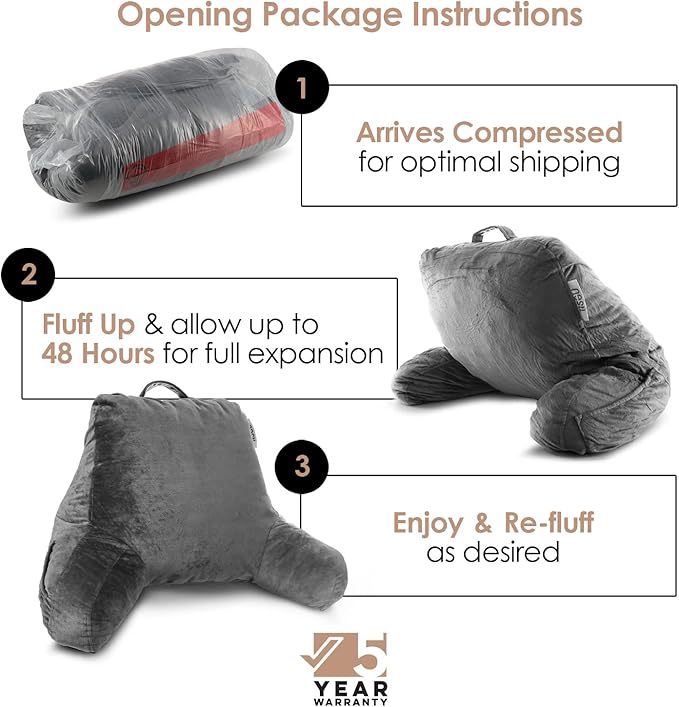 Nestl Reading Pillow with Shredded Memory Foam, Designed for Sitting Up in Bed and Couch, Back and Arms Adjustable Support for Adult & Teens Backrest Pillows for Reading, with Washable Cover Dark Grey