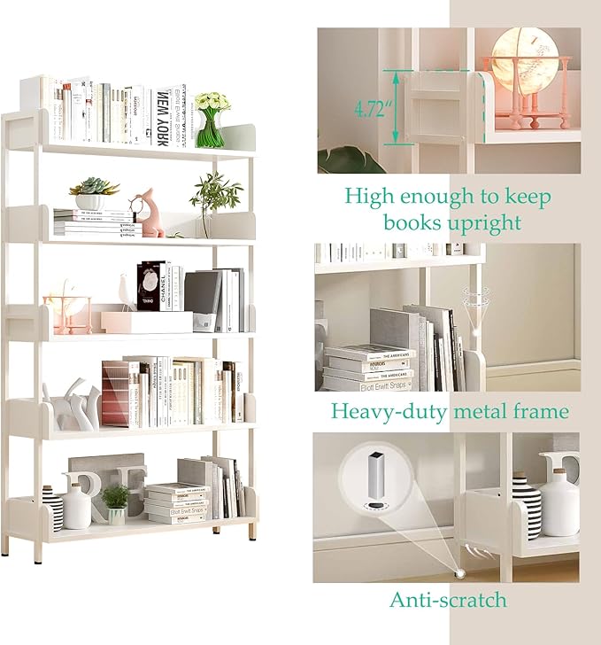 Wide Open Shelf Bookcase - Modern 3-Tier Floor Standing Display Bookshelf with Top Edge and Metal Frame for Home and Office, Storage Shelving, Warm White
