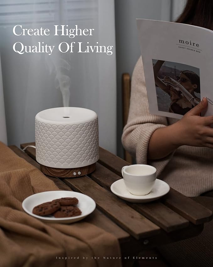 Essential Oil Diffuser, 280ml Ceramic Diffusers for Large Room, Ultrasonic Aromatherapy Diffuser with Cool Mist Humidifier, Quiet and Intelligent Oil Diffusers for Home,Office,Yoga,Bathroom