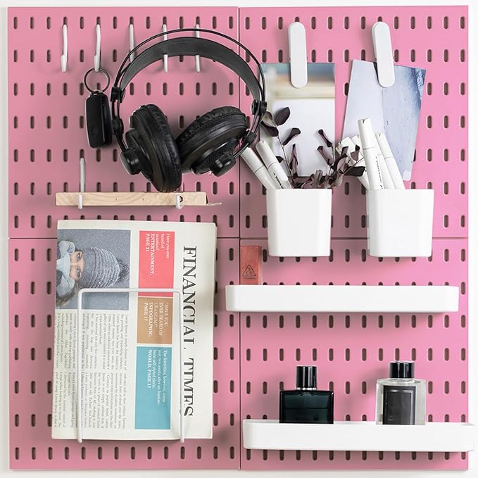 Pegboard Combination Kit, Wall Mounted Storage Set with 4 Pegboards & 14 Accessories Hanging, Pink Peg Boards Organizer for Walls Display, Crafts Organization, Kitchen Organizer, 22" x 22"