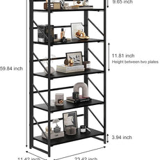 JSB No Assembly Folding Bookshelf, 5 Tier Industrial Metal Book Shelf for Storage, Vintage Wood Foldable Bookcase for Living Room, Bedroom, Office Organization Shelves