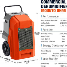 MOUNTO 180Pints LGR Industrial Dehumidifier with Pump and Drain Hose, Portable Commercial Dehumidifier with Wheels for Home, Basements, Garages, and Job Sites (Orange)