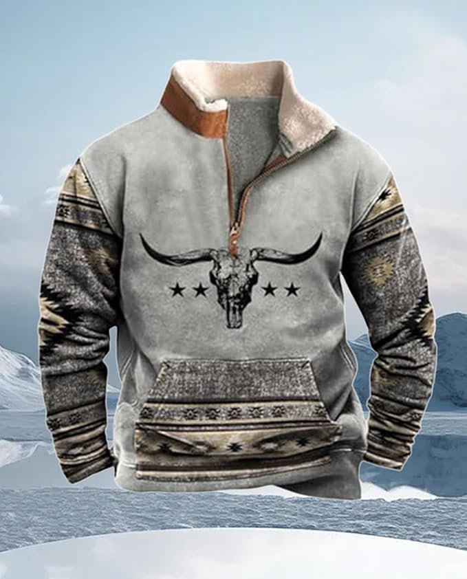 Western Sweatshirts for Men Aztec Cowboy Vintage Graphic Fleece Hoodie Mens Quarter Zip Pullover Country Jacket