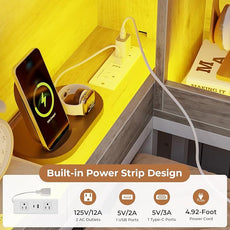 VIAGDO Corner Bed Frame with Storage Bookcase and 6 Drawers, Twin XL Metal Platform Corner Bed Frame with LED Lights and Charging Station, Twin XL Daybed for Kids Teenagers, White & Grey