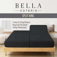 Bella Coterie 7 Piece Luxury Bamboo Viscose Split King Size Sheet Set | 2 Fitted Sheets for Adjustable Beds | 100% Organically Grown | Cooling for Hot Sleepers | 4 Pillowcases [Black]