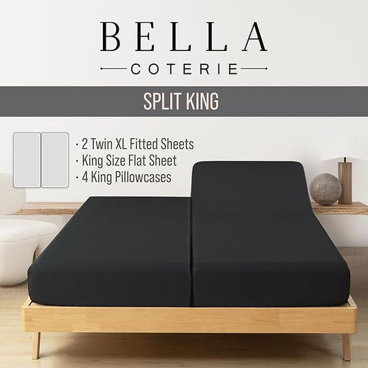 Bella Coterie 7 Piece Luxury Bamboo Viscose Split King Size Sheet Set | 2 Fitted Sheets for Adjustable Beds | 100% Organically Grown | Cooling for Hot Sleepers | 4 Pillowcases [Black]